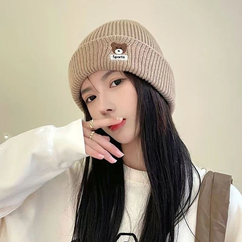 Bear Embroidery Knitted Beanies  Women Autumn Winter Warm Wool Hat Korean Girl Windproof Earmuffs Pullover Cap Bonnet〔CC55〕