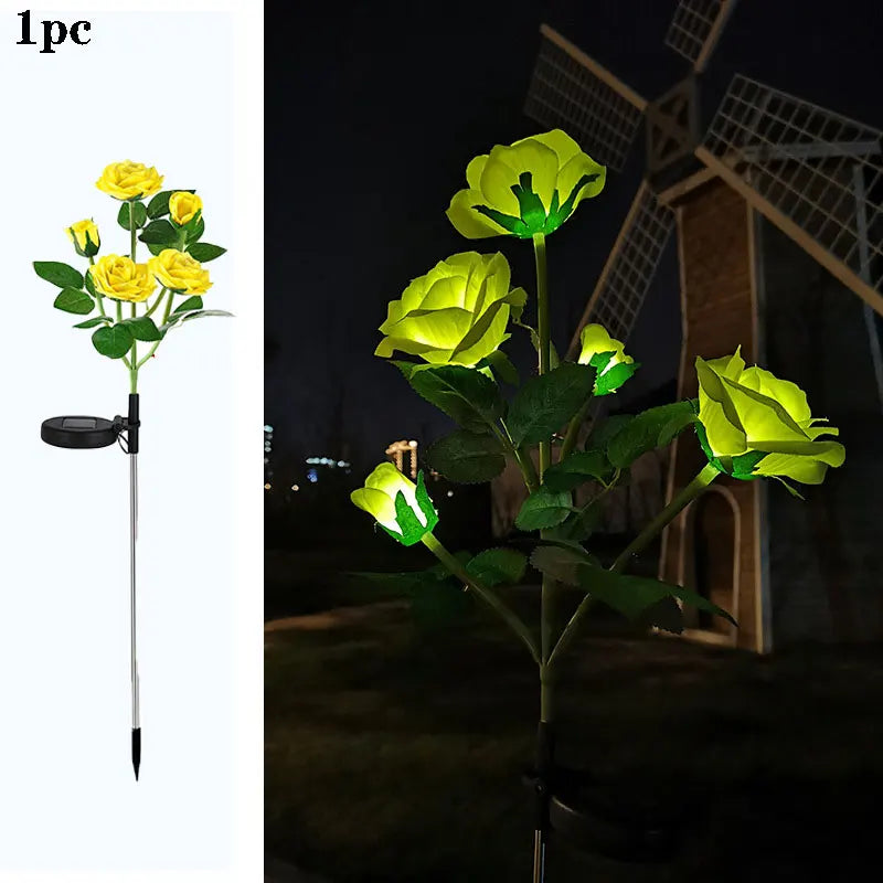 Garden Ground Light Solar Lawn Lamp LED Artificial 5 Head Rose Flower Holiday Summer Wedding Party Outdoor Yard Patio Decoration