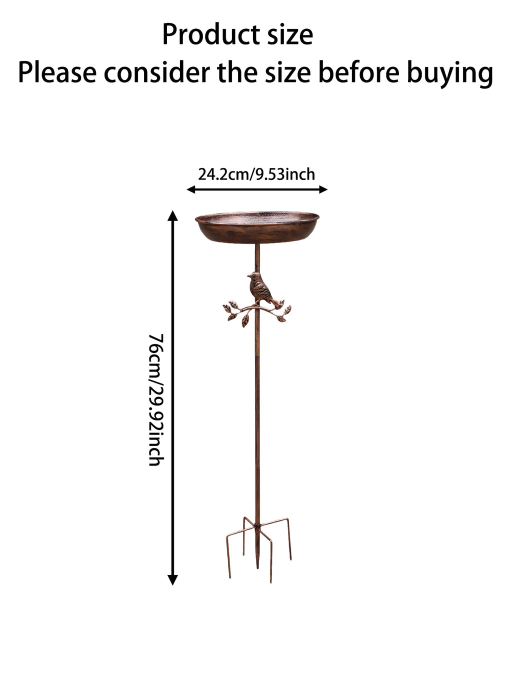 A wrought iron bird bath and feeder in one, featuring a rust-proof design and a stable 5-prong ground stake.  Perfect for garden