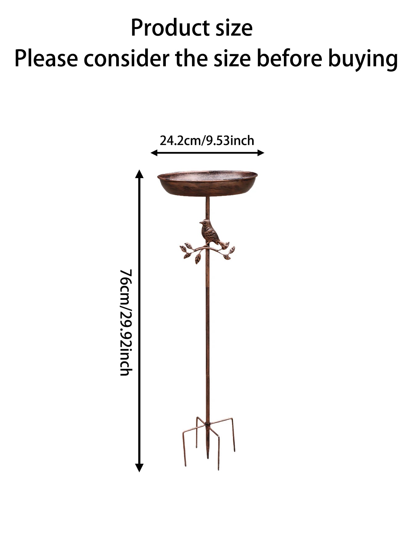 A wrought iron bird bath and feeder in one, featuring a rust-proof design and a stable 5-prong ground stake.  Perfect for garden