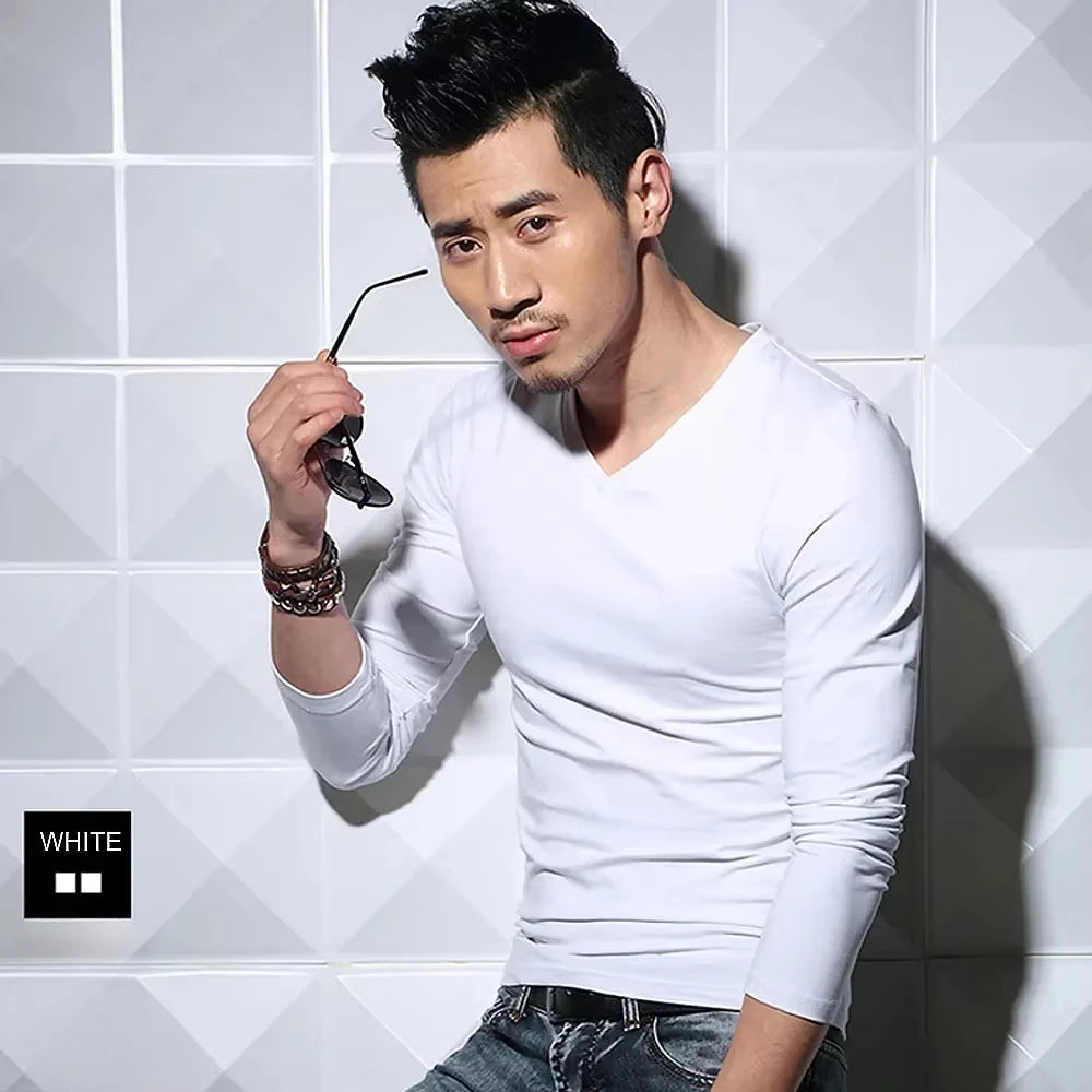 Men's T-Shirts Long Sleeve V Neck T Shirt 2025 MRMT Men Polyester T-Shirt Solid Color Slim Tight Man T Shirt For Male