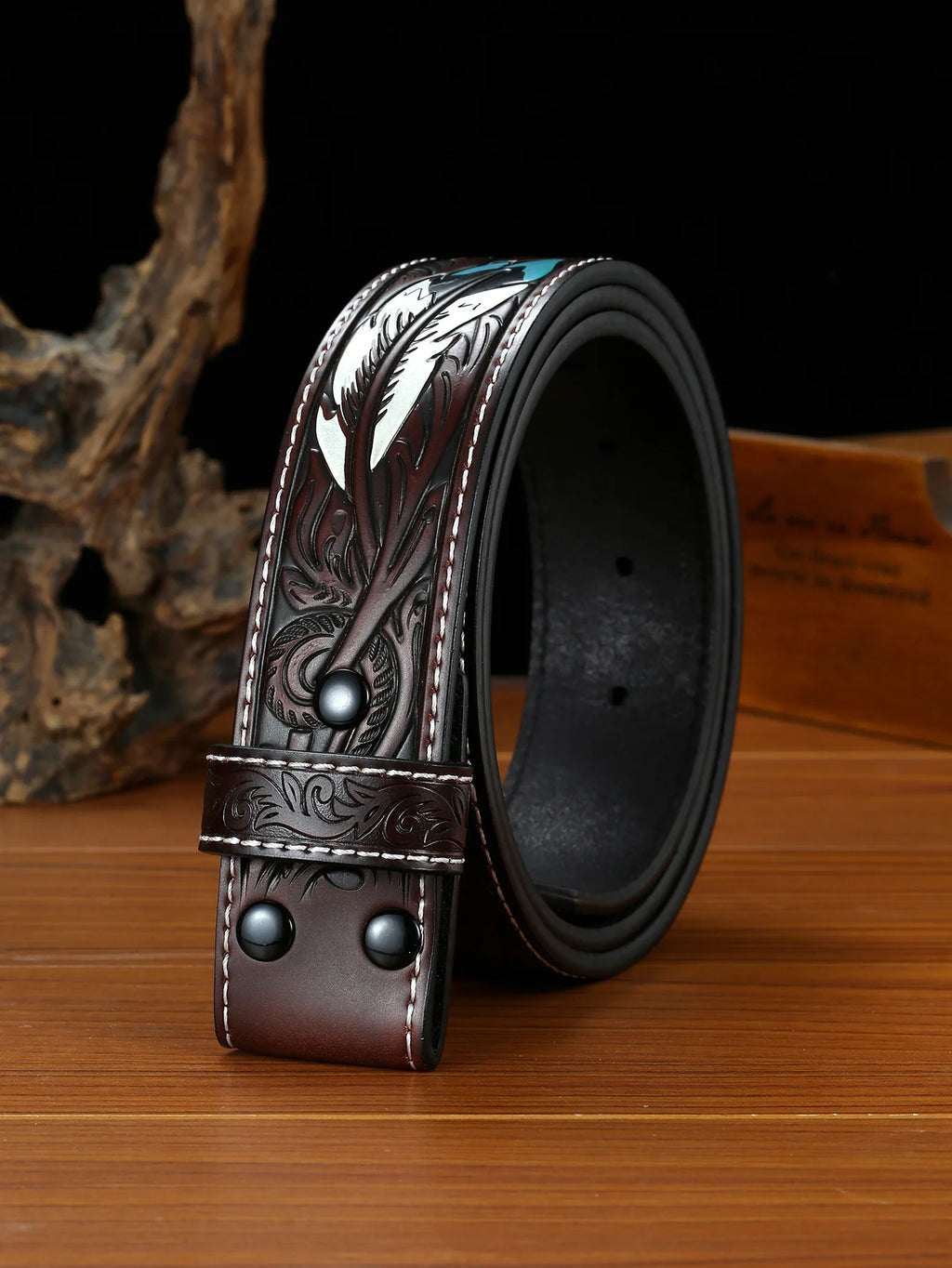 Genuine Leather Embossed Belts for Men&Women Cowboy punk wind pressure flower feather retro same style For 4CM Wide