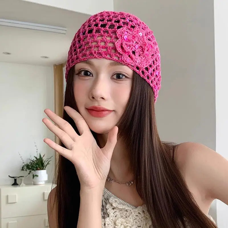 Vintage Chic Sequined Floral Cutout Beanie Ladies Spring Fall Leisure Travel Picturesque All-Around Casual Y2K Knit Beanies