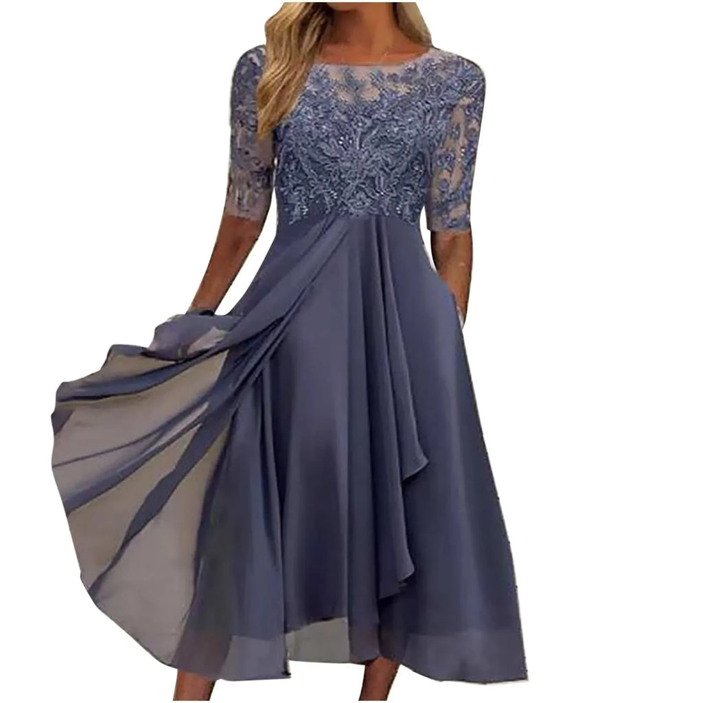 Elegant Formal Party Dress Embroidery Chiffon Round Collar Short Sleeve Luxury Dress Bridesmaid Evening Dresses Vestidos платье