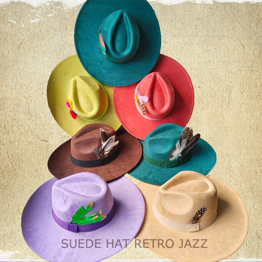 Retro Men's Suede Hats Wide Brim Feather Felt Fedoras Women's Hats Church Jazz Hats Panama Cowboy Hats Wholesale sombrero hombre