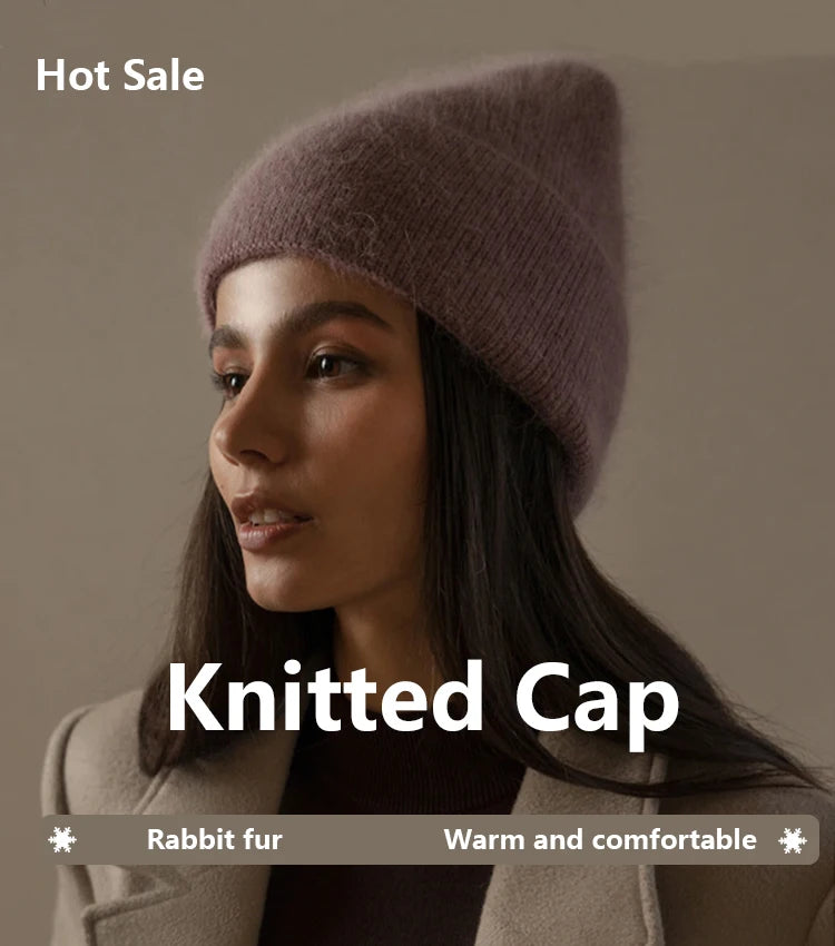 2024 Angora Winter Hat For Womens Rabbit Fur Fluffy Knitted Beanies Hat  Bonnet Female Soft  Warm SKI Skullies  Beanies