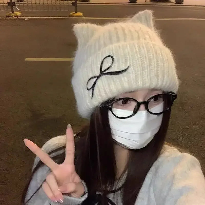 Girls' Hats  Cute Cat Ears  Autumn  and  Winter  New Knitted Hats  Winter Warm Bows Small  Hats Cold-proof Warm Hats