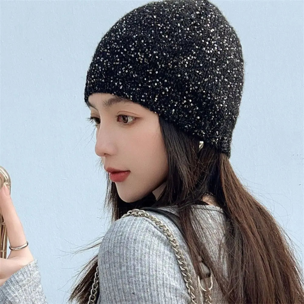 Cute Bow Bowknot Beanies Hat Warm Cap Black Sequin Knitted Hat Beanies Jennie Style Knit Cap Autumn