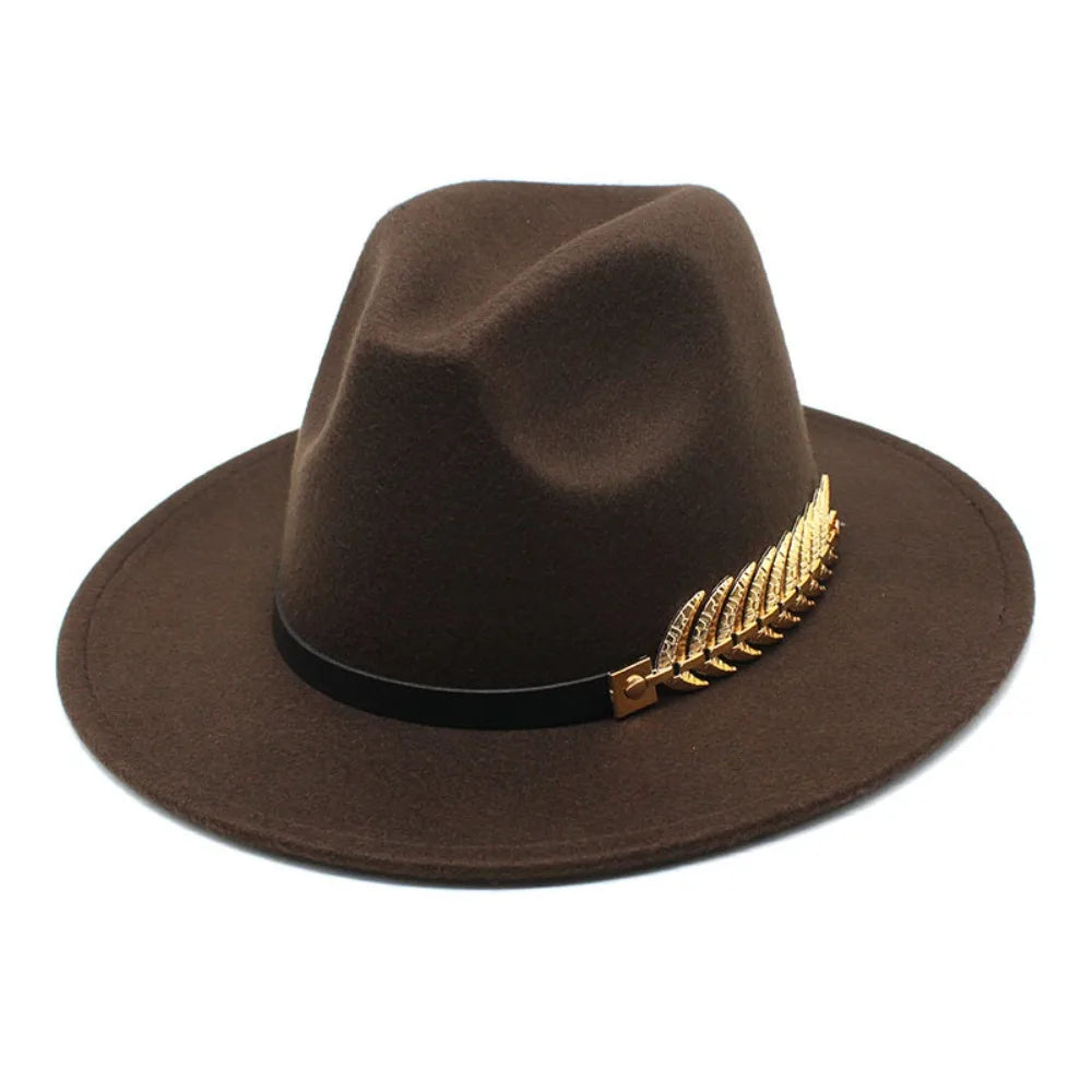 Large Brimmed Woolen Hats Leaf Decoration Formal Occasion Fedora Hat Performance Cap Casual British Vintage Hats Party Wedding