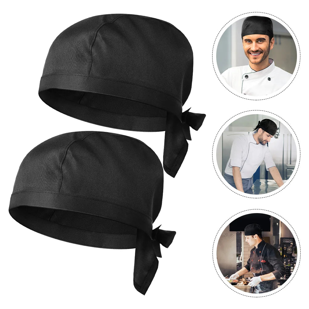 Chef Hat Turban Unisex Hats Black Caps Tie Work Kitchen for Men Cooking Head Wraps Skull Catering