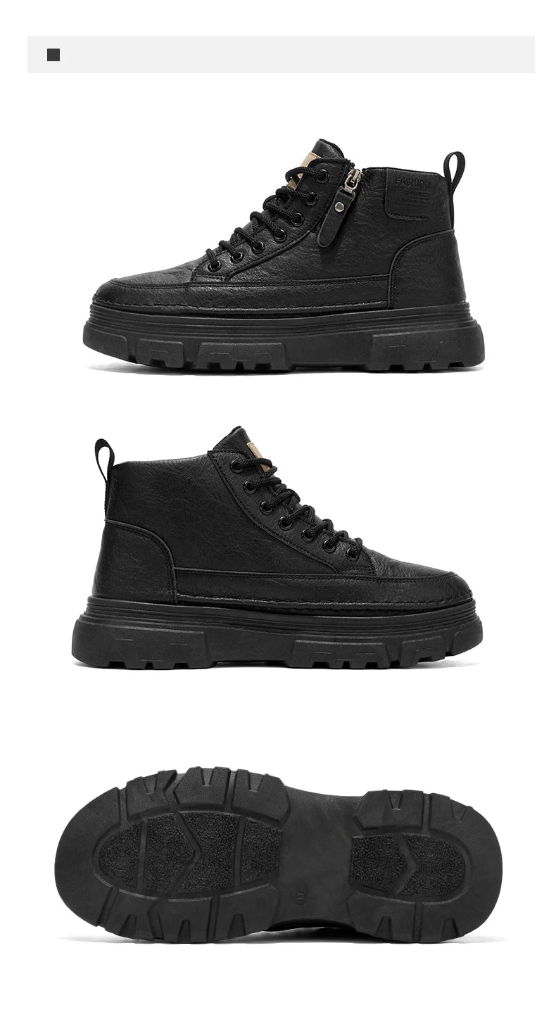 Men Boots Autumn Leather Waterproof Mid-top Sports Shoes New Fashion Ankle Boots Casual Outdoor Hiking Boots Shoes Male Sneakers