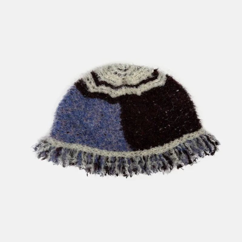 INS Color-Blocked Striped Knitted Plush Woolen Fisherman Hats for Women Fringe Lace Autumn Winter Thickened Basin Caps Bonnet