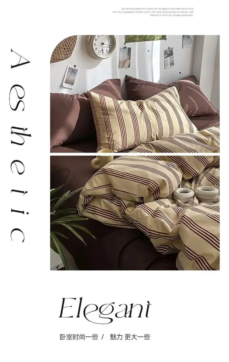 MissDeer Bedding Set Ins Ambiance Blue Coffee Grid Mixed With Washed Cotton Minimalist Four Piece Set Fitted Sheets Duvet Cover