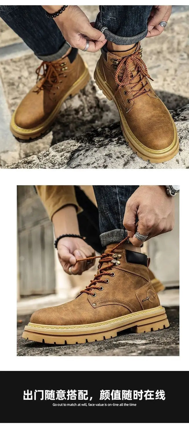 Fashion Men Boots Spring Comfortable Platform Leather Shoes Men Trend Brown Non-slip Work Boots for Men Casual Shoe Cowboy Boots