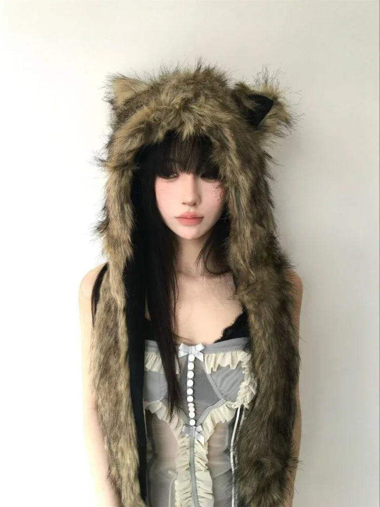 Japanese Kawaii Cute Fur Scarf Hat Winter Keep Warm Y2k Aesthetic Fashion Vintage Cap Bears Ears Women Hats Grunge Streetwear