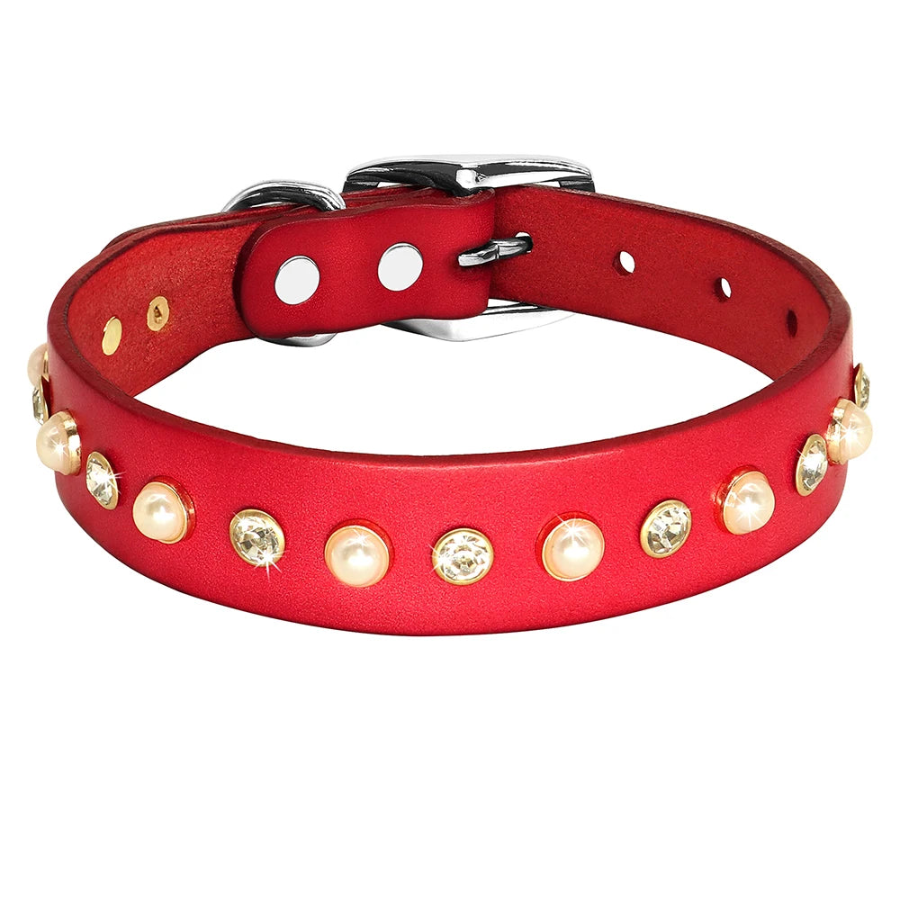 Genuine Leather Small Medium Dog Cat Collar Adjustable Rhinestone Diamond Accessories Pet Puppy Collars Leash Set For Chihuahua