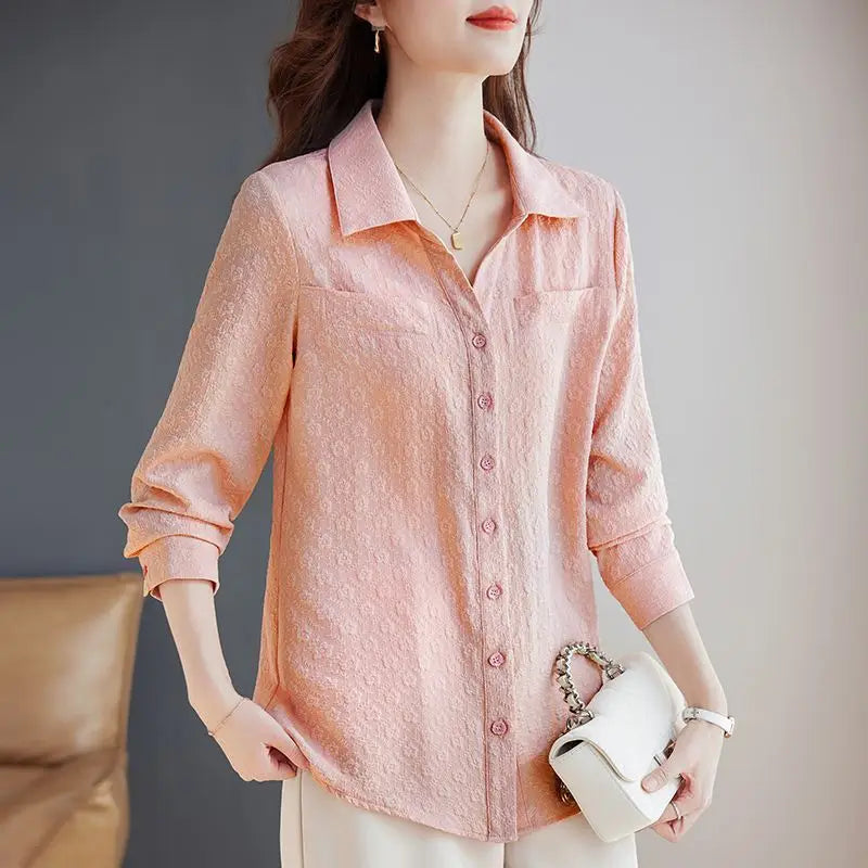Long-sleeved Shirt for Women Autumn New Fashion Casual Versatile Jacket Fashionable Jacquard Lapel Belly-reducing Top Trendy