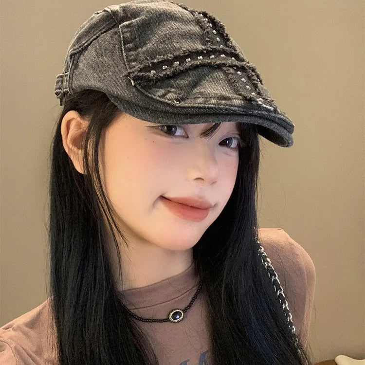 Girl's Blalck Hats Large Cap Retro Black Denim Riveted Washed Aged Beret American Hat Trend  Chapeau Vintage Hot Girl Y2k Hats