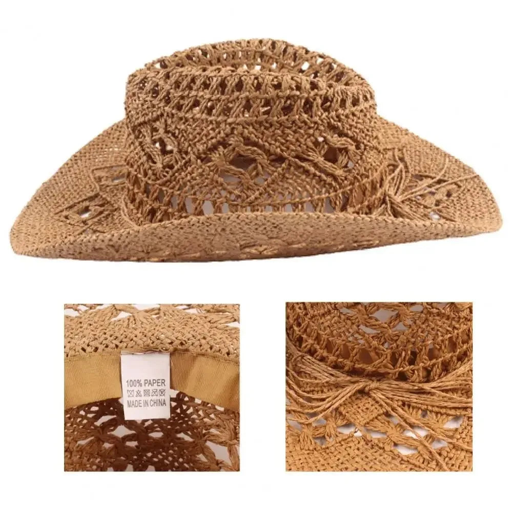 Fashionable new Bohemian straw western cowboy hat for women, classic retro hollow unisex curly wide-brimmed sun hat for men, fis