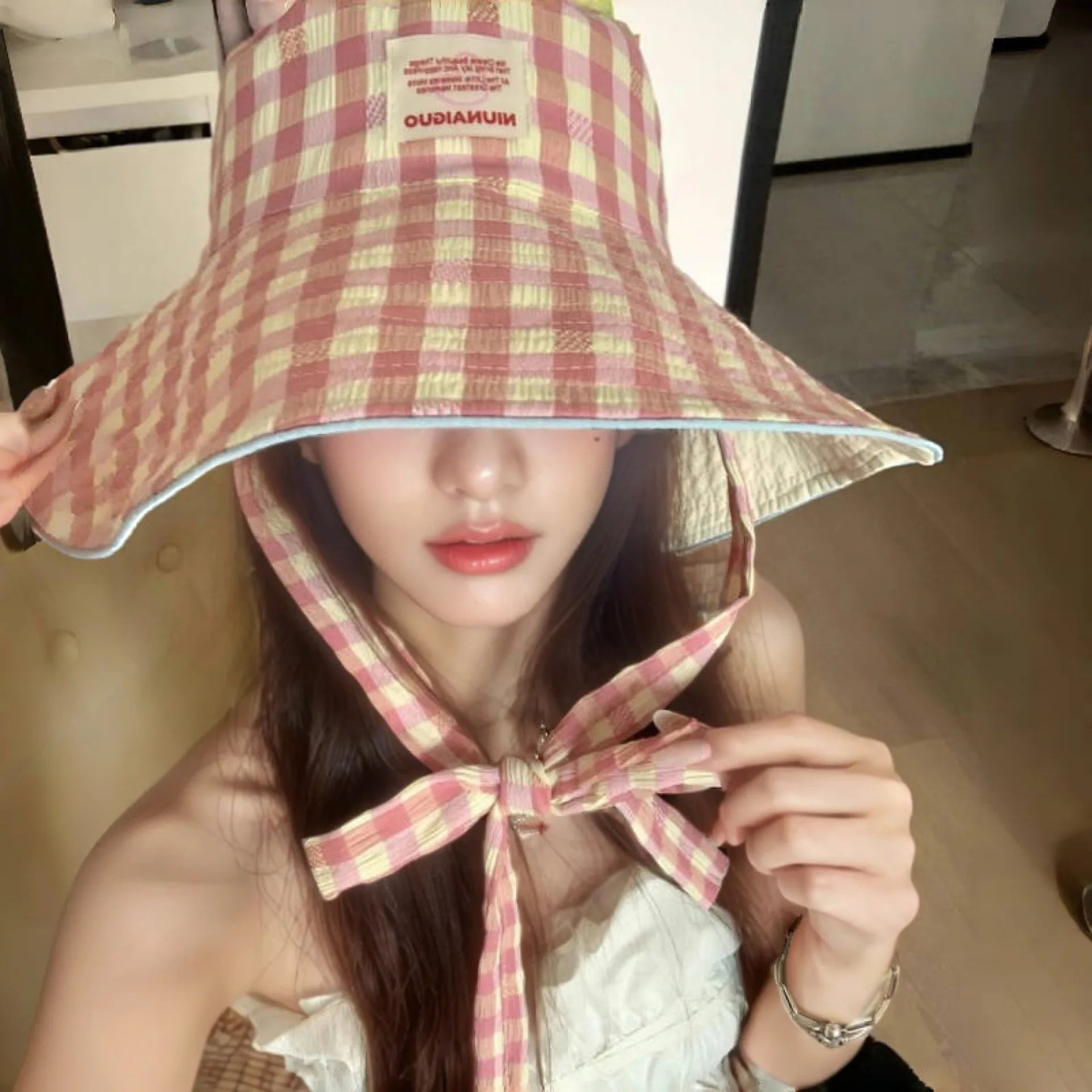 Women's Cute Hat Korean kawaii Checkered Fisherman's Hat Summer Sun Protection Shading Hat Big Head Double Basin Hat Funny Hat