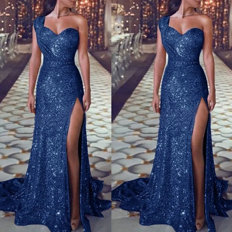 2026 Women's Wedding Party Dress Evening Elegant Sexy Deep V Neck One Shoulder Sleeveless Sequined Long Maxi Dresses For Women