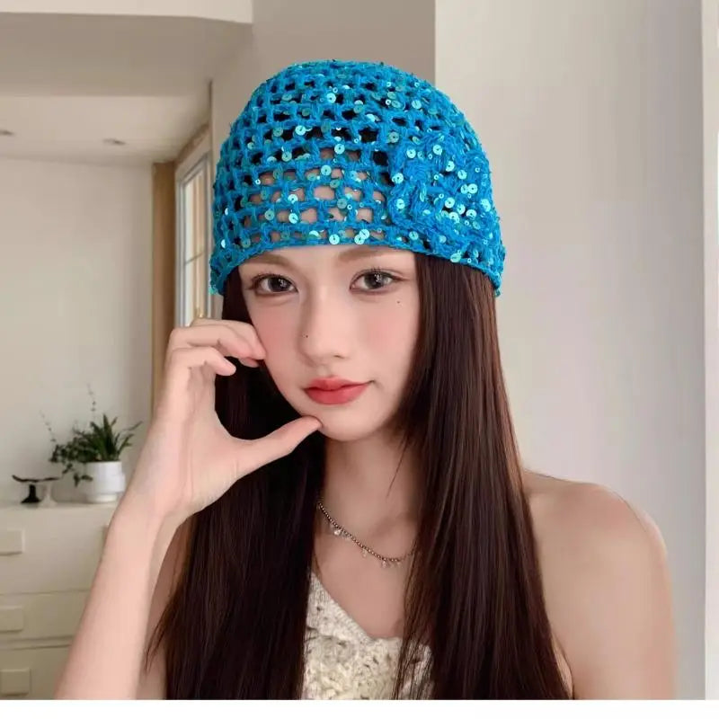 Vintage Chic Sequined Floral Cutout Beanie Ladies Spring Fall Leisure Travel Picturesque All-Around Casual Y2K Knit Beanies