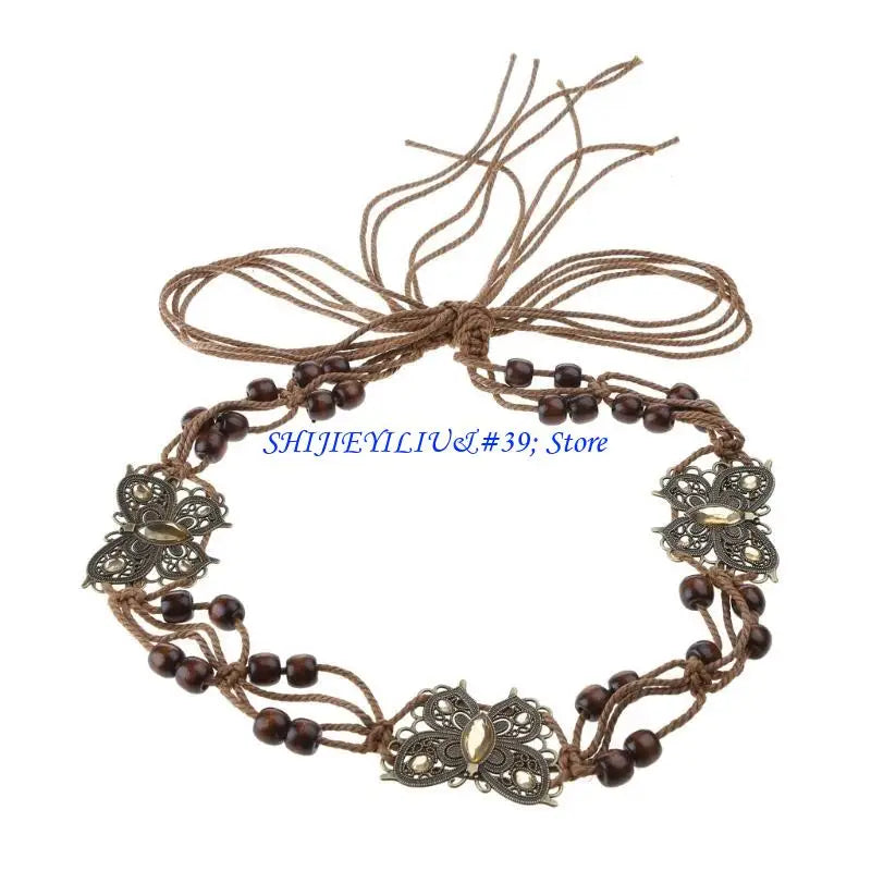 E21F Brown Belt with Beads Butterflies Vintage Tassel Cotton Rope Waist Chain Woven Waist Belts for Dress Party Dance Show