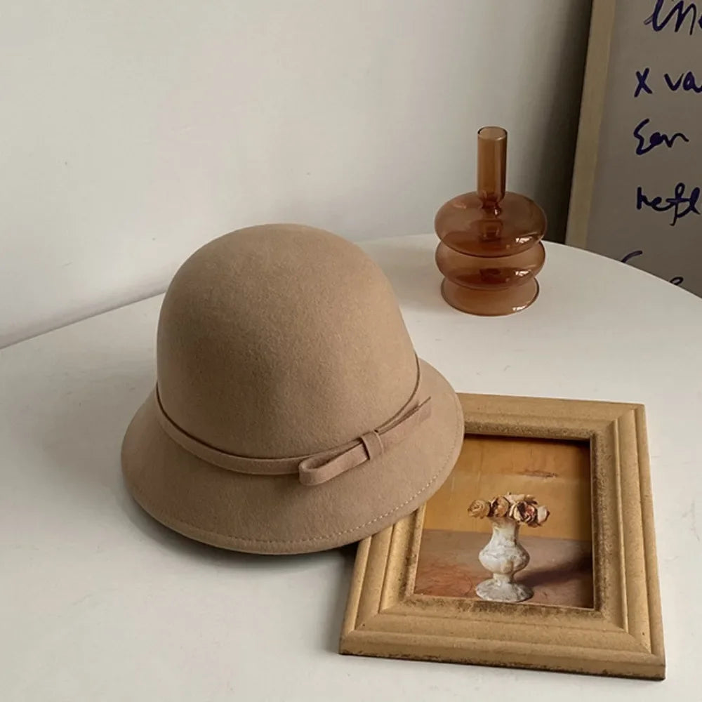 Retro Hepburnesque Felt Formal Hat Wealthy Heiress Style British Style Bowknot Bucket Hat Panama Cap Autumn