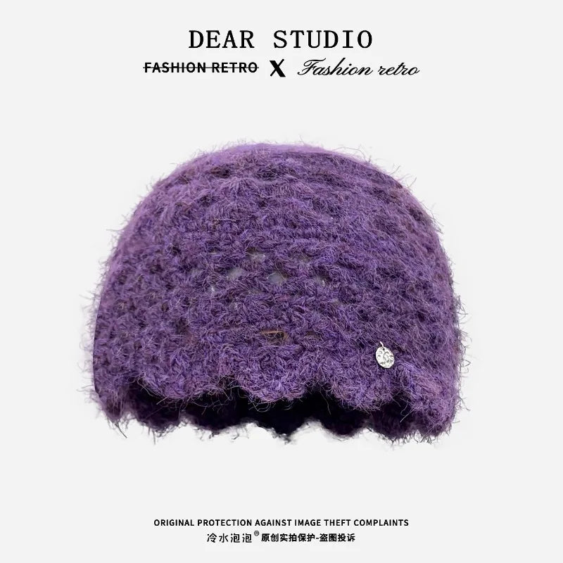 New Simple Solid Color Crocheted Beanies for Women Spring and Autumn Travel Versatile Atmosphere Retro Elegant Pullover Hats