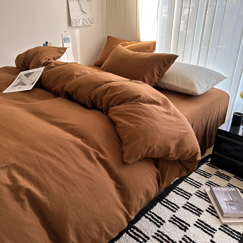 Bed Linen Solid Cotton Bedding Set with Sheet Duvet Cover Pillowcases Single Couple Bedsheet King Queen Double Twin Size