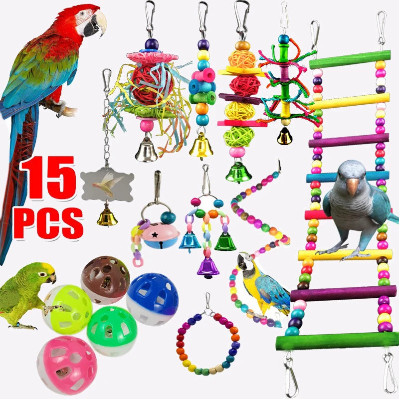 Bird Toy Wood Parrot Toys Set Cage Bird Accessories Swing Suspension Bridge Ball Cage Bells Pet Supplies juguetes para pájaros