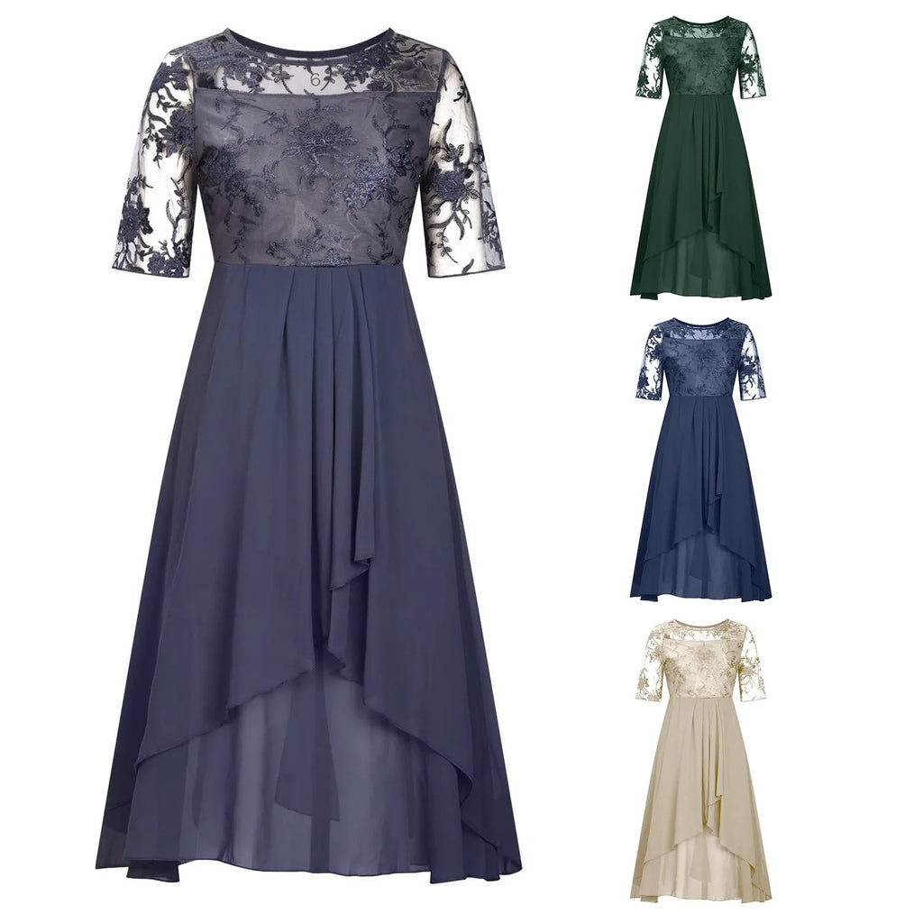 Elegant Formal Party Dress Embroidery Chiffon Round Collar Short Sleeve Luxury Dress Bridesmaid Evening Dresses Vestidos платье
