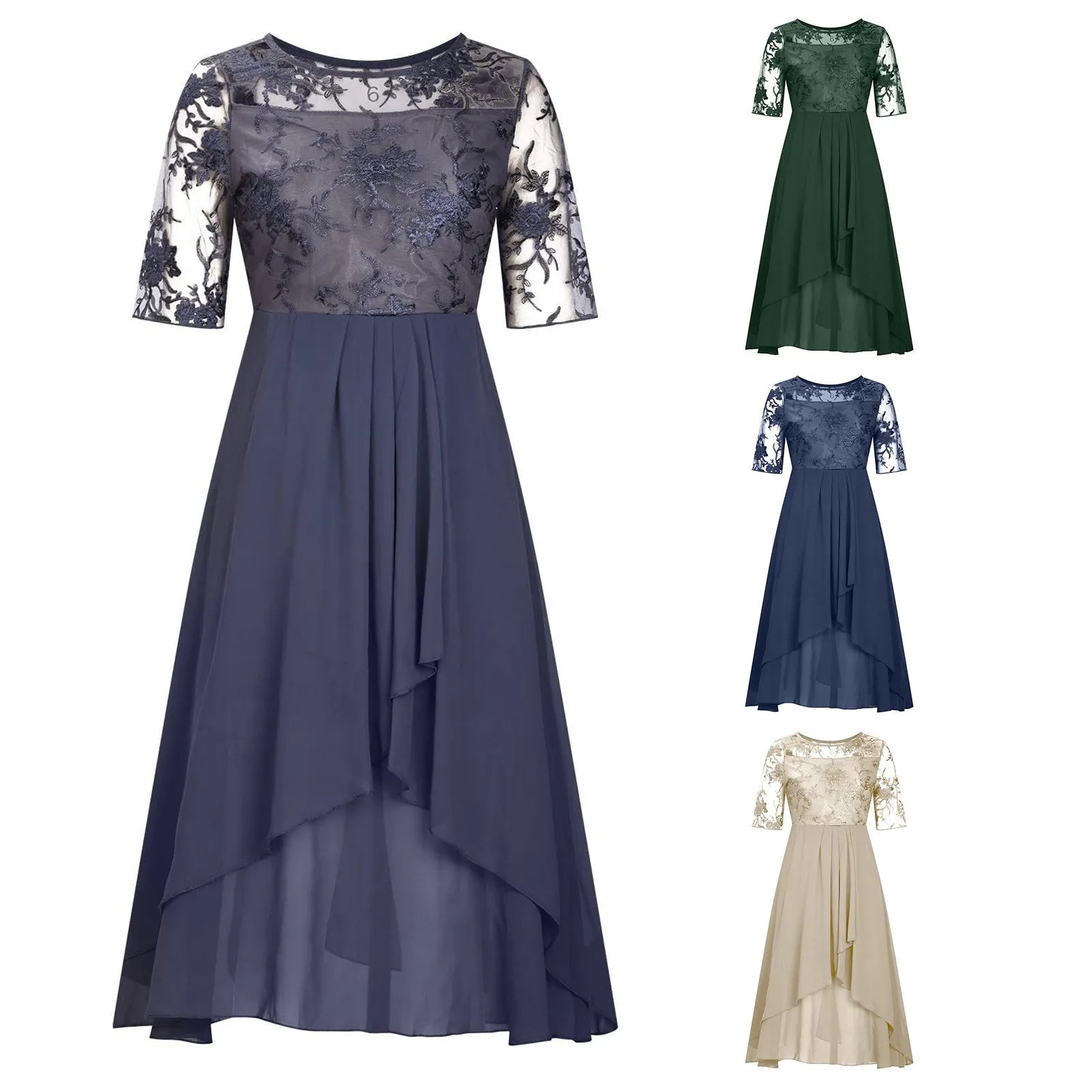 Elegant Formal Party Dress Embroidery Chiffon Round Collar Short Sleeve Luxury Dress Bridesmaid Evening Dresses Vestidos платье