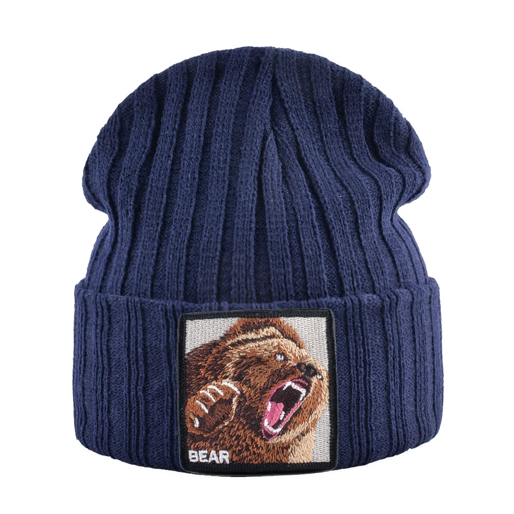 Embroidery Bear Knitted Beanies Hat Men Solid Color Autumn Winter Knitting Boy Skullies Caps Women Streetwear Kpop Gorras Bonnet