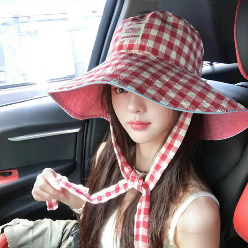 Women's Cute Hat Korean kawaii Checkered Fisherman's Hat Summer Sun Protection Shading Hat Big Head Double Basin Hat Funny Hat
