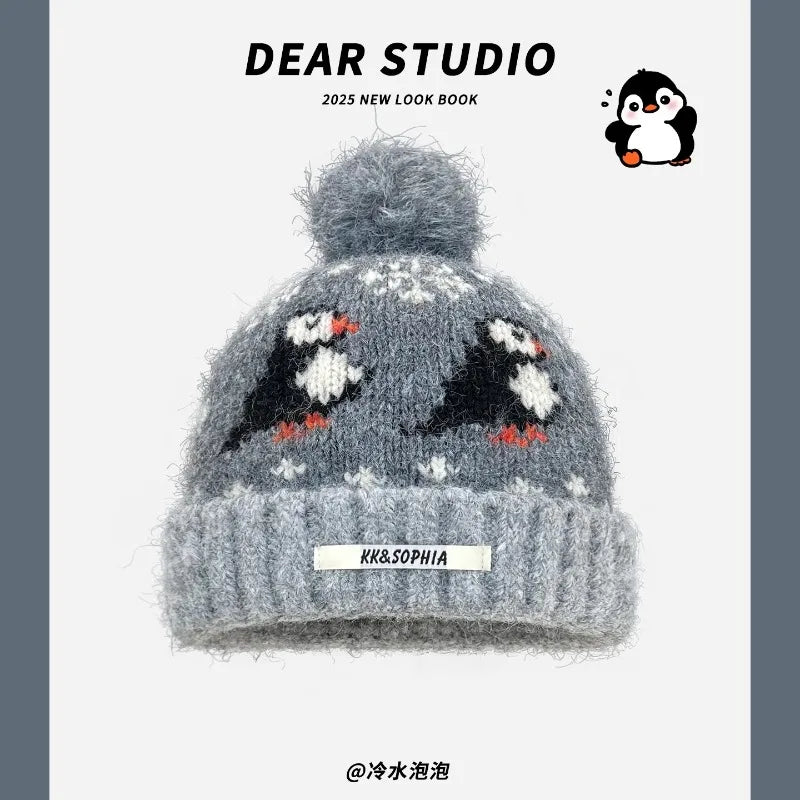 Cute Cartoon Jacquard Knitted Beanies for Women Winter Warm Ear Protection Versatile Show Face Small Retro Pom-pom Pullover Hat