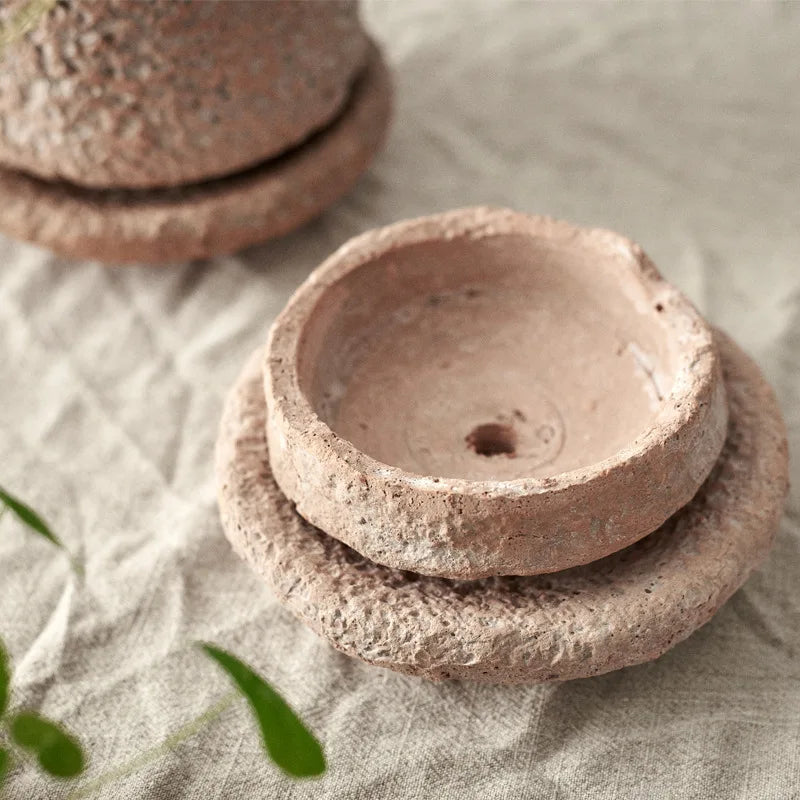 Retro Gardening Small Flowerpot Home Decoration Handmade Ceramic Terracotta Pot Hammered Basin with Tray Succulent Planting