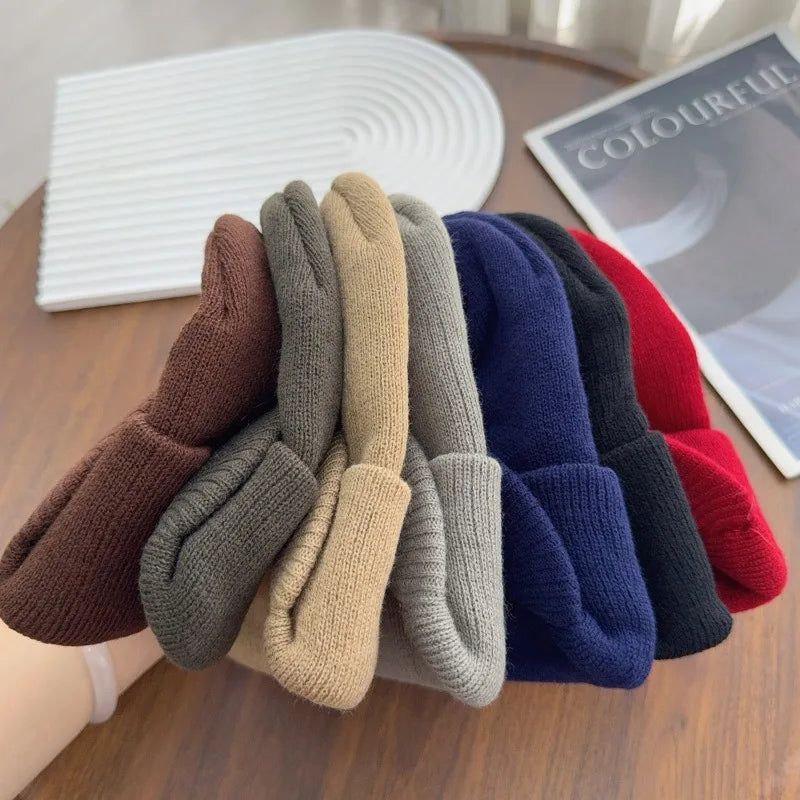 New Unisex Knitted Hats Fashion Thicken Fur Lined Soft Beanie Cap with Brim Thermal Winter Simple Hip Hop Hat for Men Women Gift