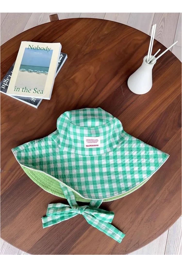 Women's Cute Hat Korean kawaii Checkered Fisherman's Hat Summer Sun Protection Shading Hat Big Head Double Basin Hat Funny Hat