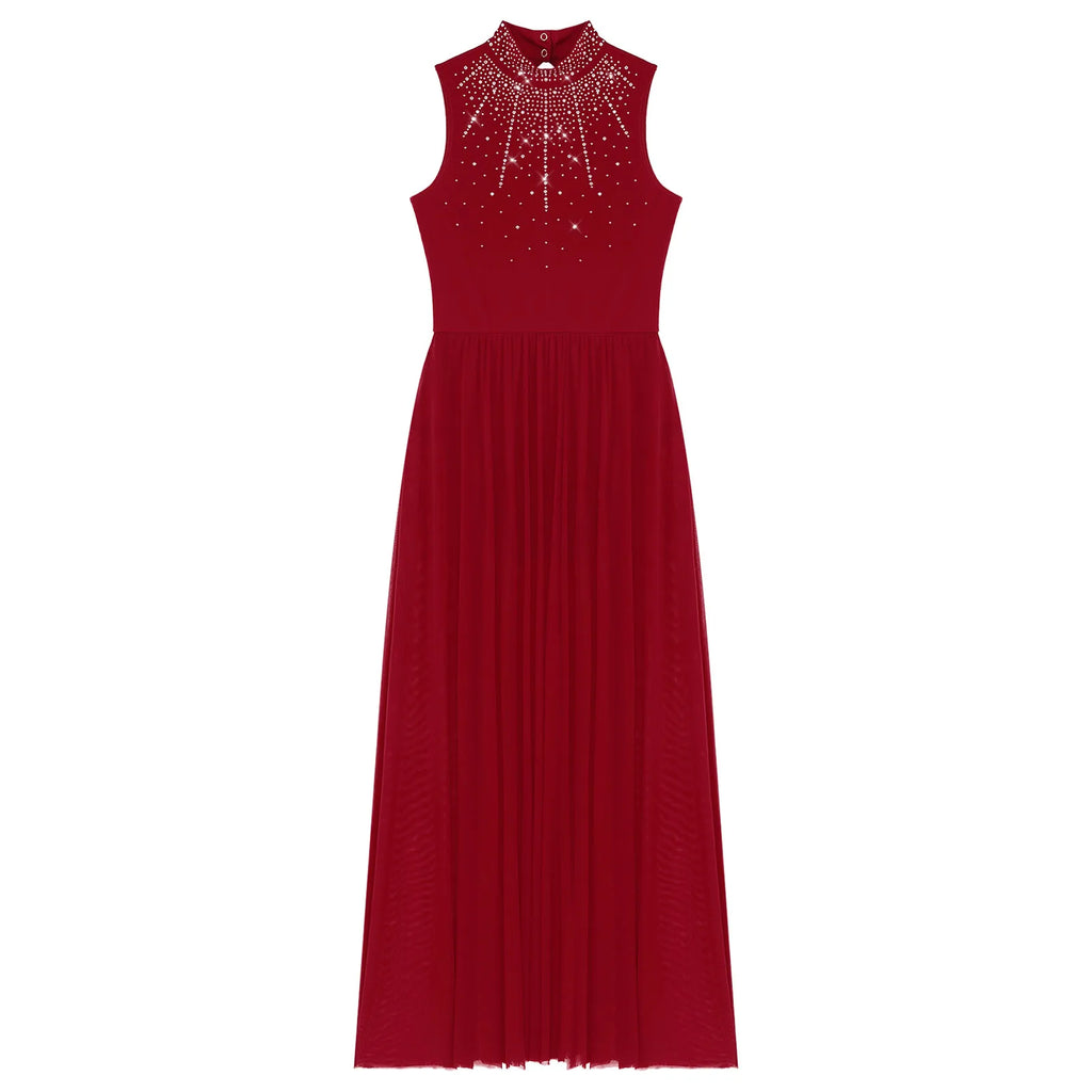 Womens Lyrical Dance Dresses Mock Neck Wide Hemline Shiny Rhinestones Maxi Dress Sleeveless Modern Contemporary Leotard Dresses