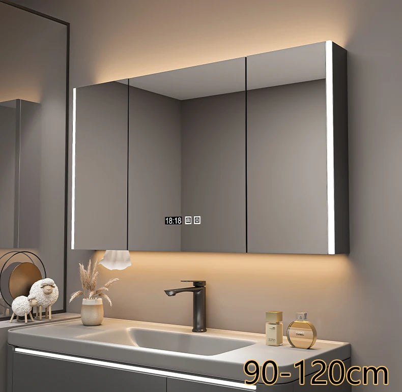 Bathroom Furniture Mirror Cabinet Modern Solid Wood Bathroom Smart with Light Defogging Beauty Mirror with Storage Locker