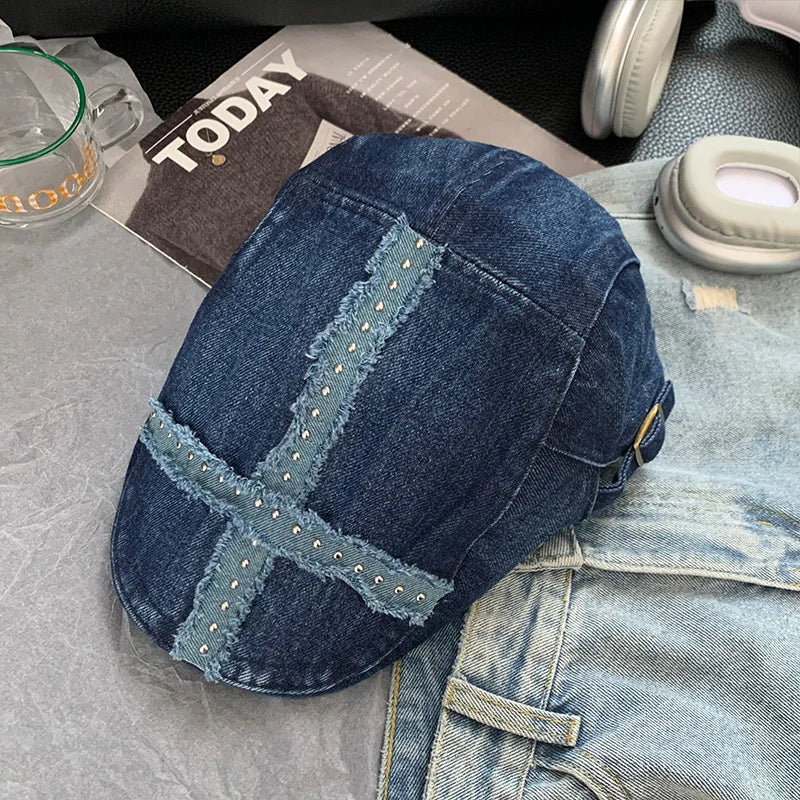 Girl's Blalck Hats Large Cap Retro Black Denim Riveted Washed Aged Beret American Hat Trend  Chapeau Vintage Hot Girl Y2k Hats
