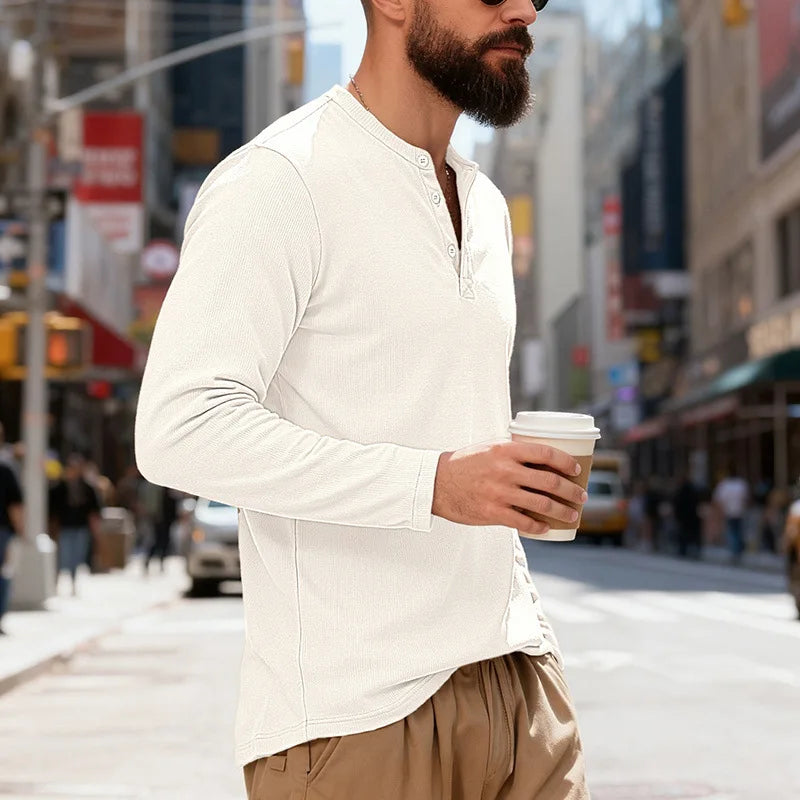 2025 NEW Men's Long Sleeve Henley Shirts Spring Autumn Daily Casual Solid Color Pullover Tops Mens Fashion T Shirt