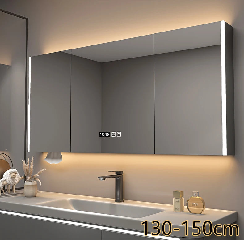 Bathroom Furniture Mirror Cabinet Modern Solid Wood Bathroom Smart with Light Defogging Beauty Mirror with Storage Locker