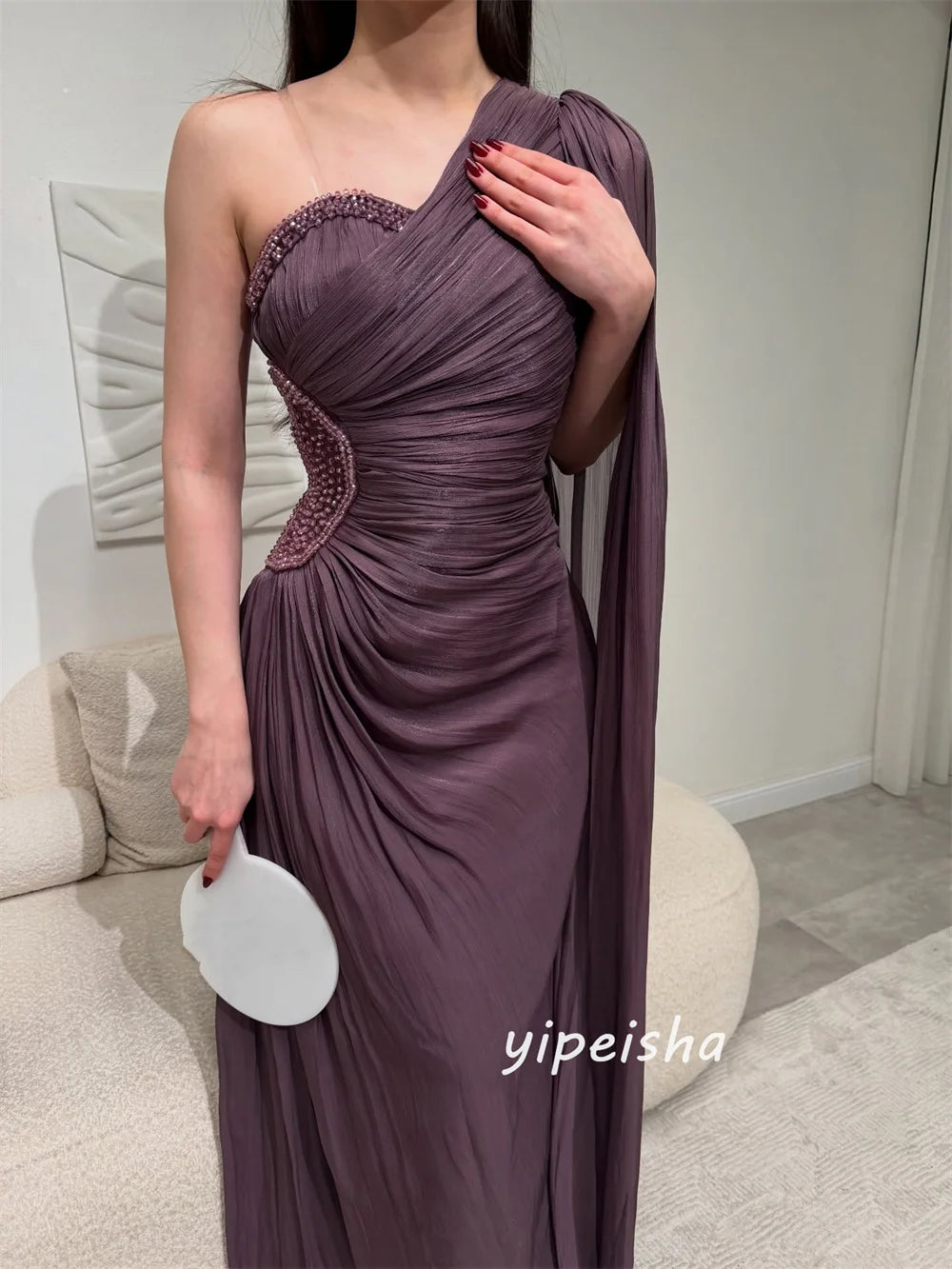 Customized Intricate Luxurious Chiffon Pleat Draped Beading Sequined A-line One-shoulder Long Dresses Evening Dresses Formal