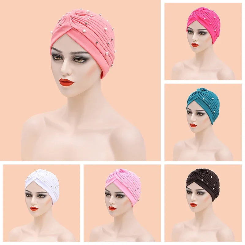 India Hat Hijabs Cap African Headwrap Ladies Head Wraps Women Beaded Turban Bonnet Soild Color Cotton Turban Hat Inner Hijab Cap