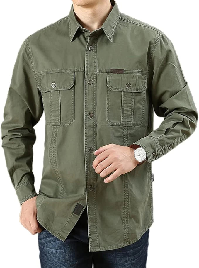 Men's Long Sleeve Cargo Shirt Casual Cotton Shirts Spring Autumn Button Down Pockets Sports Military Hiking Camping Shirt