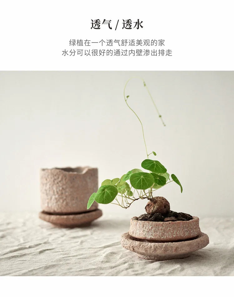Retro Gardening Small Flowerpot Home Decoration Handmade Ceramic Terracotta Pot Hammered Basin with Tray Succulent Planting