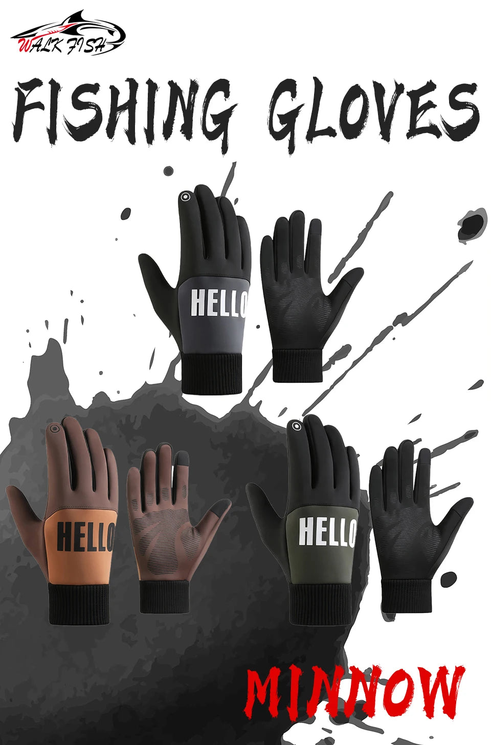 WALK FISH Fishing Gloves Keep Warm Winter Fleece-lined Thickened Windproof Waterproof Touch Screen Sports Running Drive Outdoor