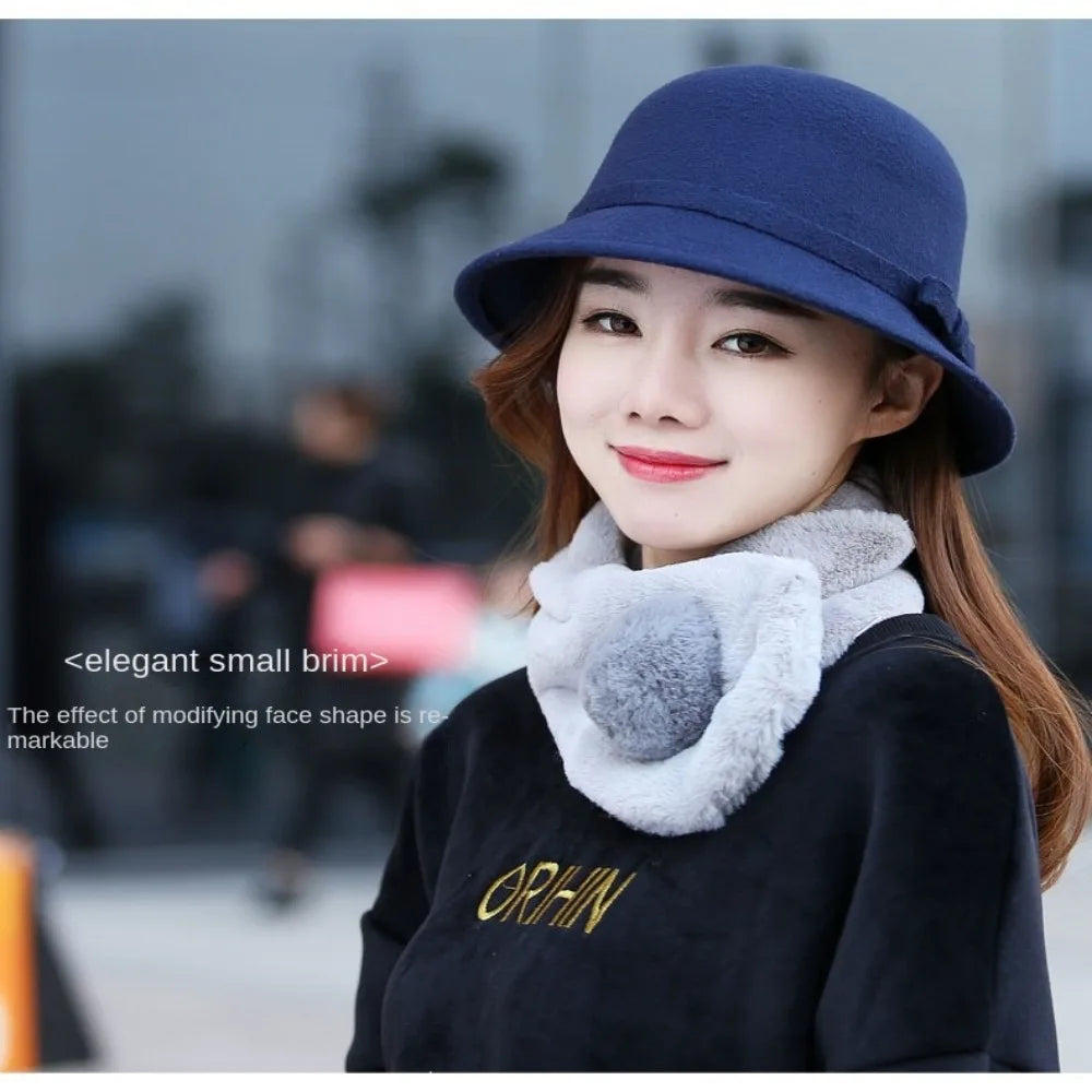 Brim Bowler Fedora Hats Elegant Women Vintage Retro Hat Wool Felt Bucket Cap Church Bowler Cloche Hats Autumn Winter Warm Hat